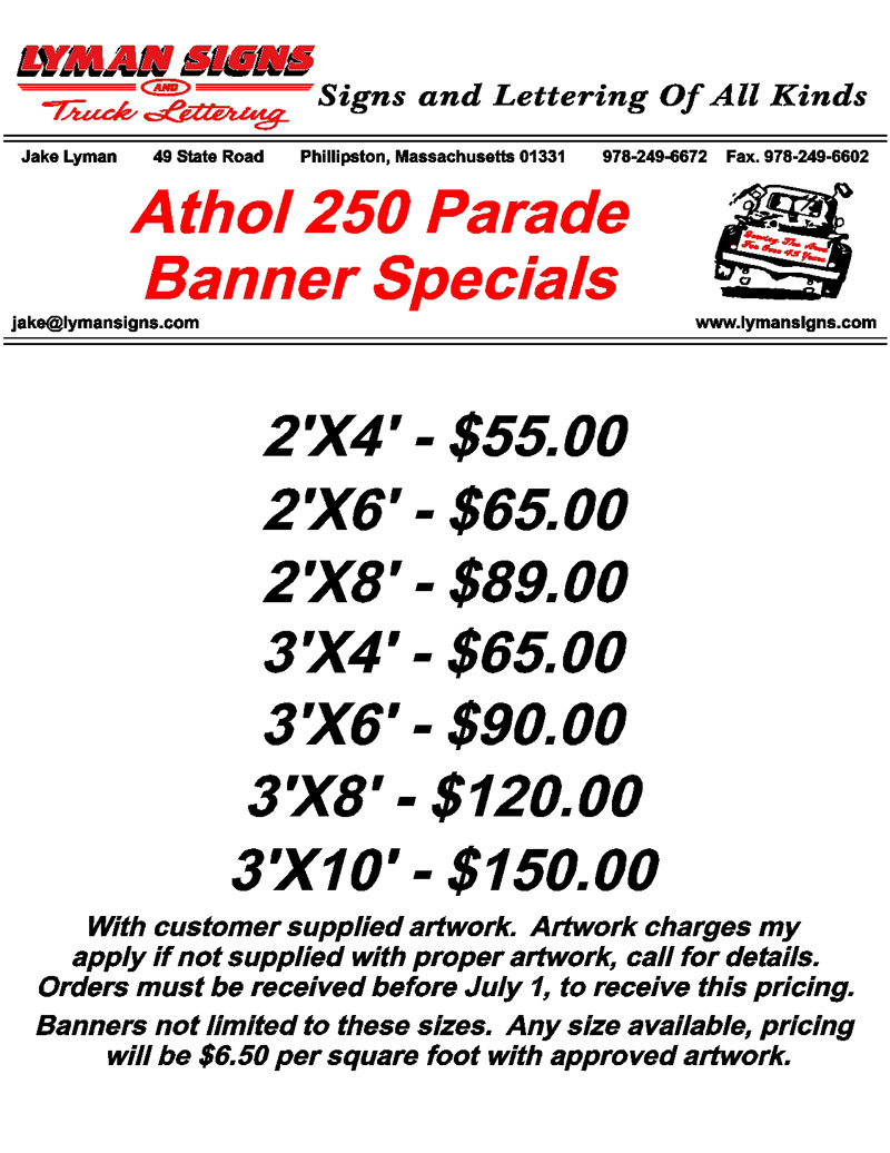 Athol 250 Parade Banner Specials